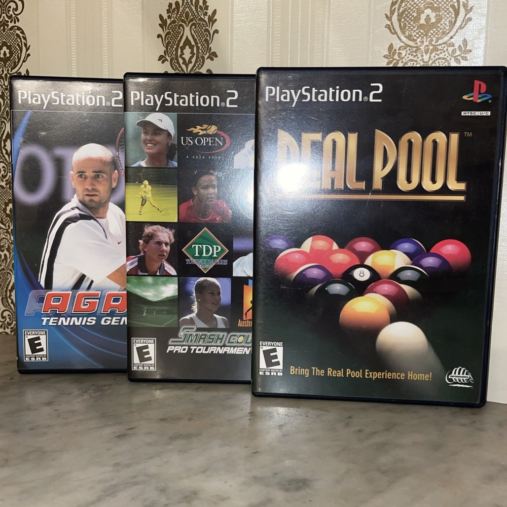 x3‎ PlayStation 2 Games | Agassi, Real Pool, Smash Court Tennis in Cases w Books